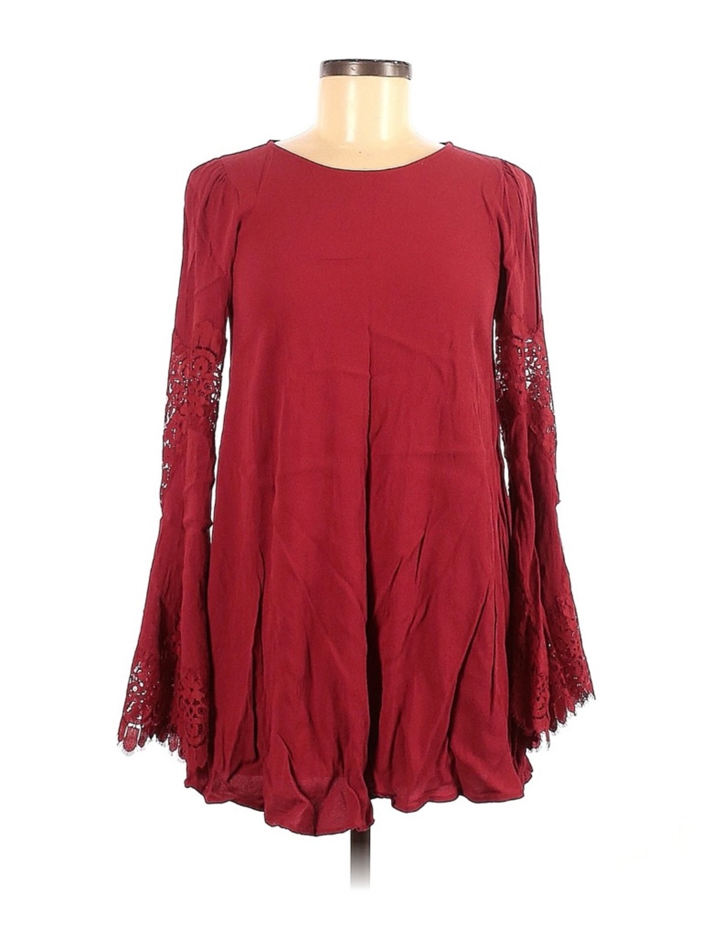 For Love & Lemons Women’s Dark Red Long-Sleeve Lace Detail Mini Boho Dress-Sz M